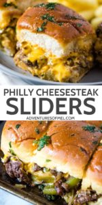Philly cheesesteak sliders, one on gray plate up close, and group of sliders with peppers and onions on baking sheet