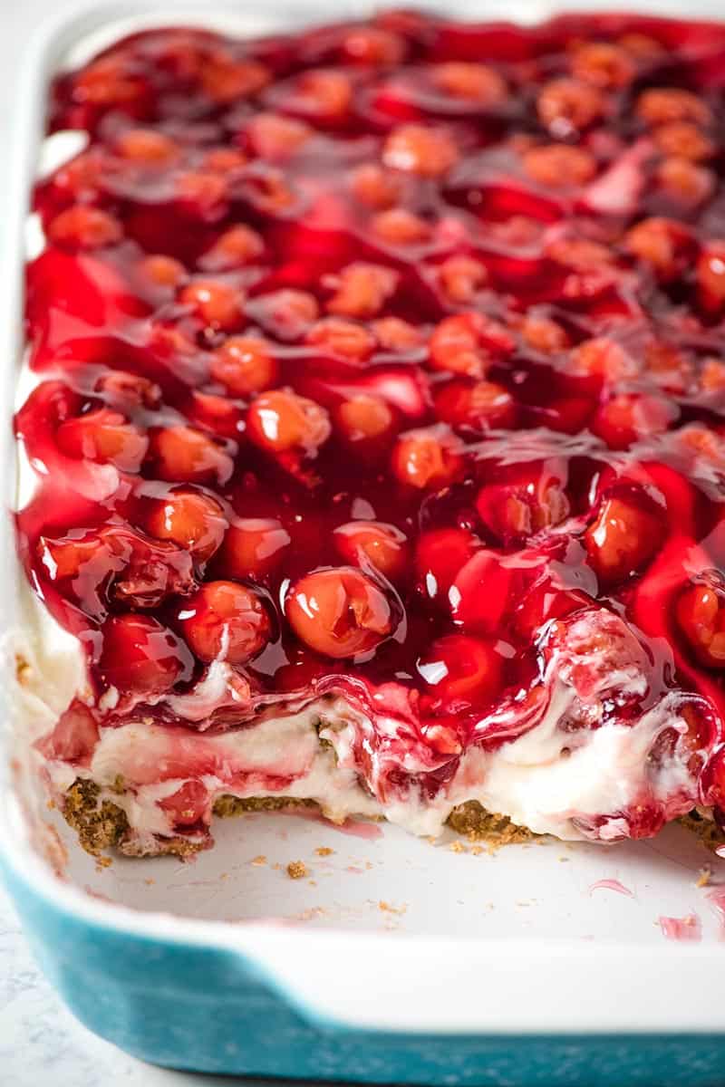 cherry delight made with Dream Whip whipped topping mix, in blue baking dish