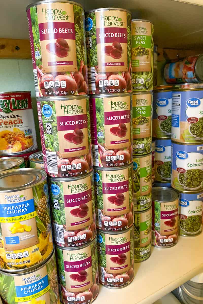 emergency food supply, including canned vegetables, canned fruit, and more