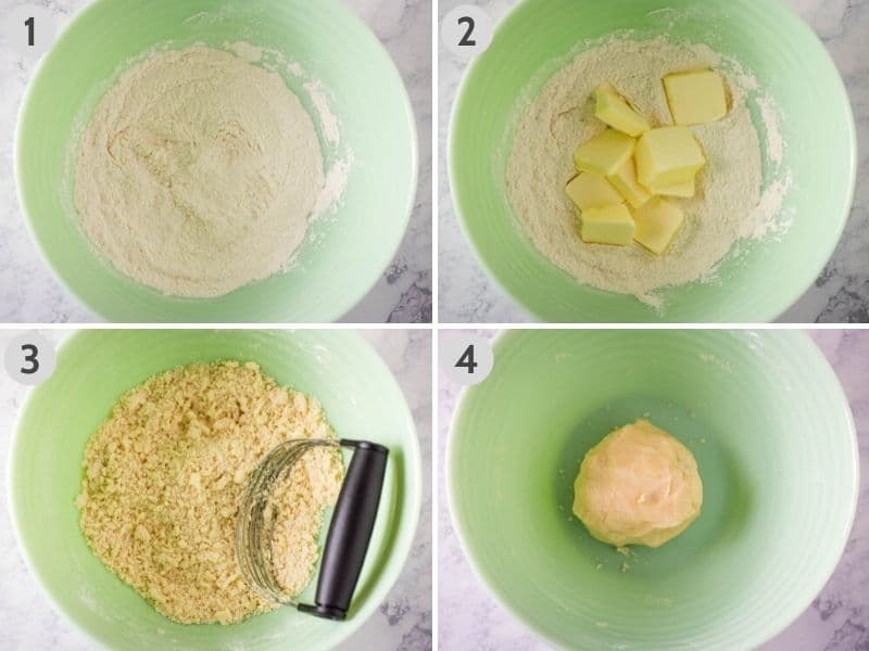 how to make a pie crust in a green bowl with flour, salt, butter, and milk, using a pastry blender or pastry cutter