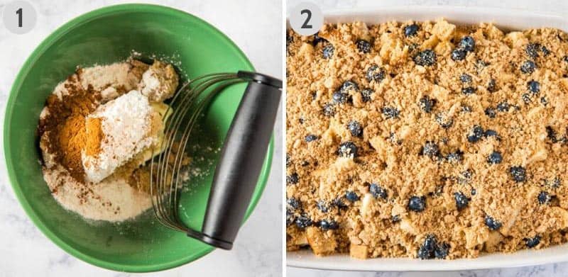 how to make a cinnamon streusel topping in a green bowl with a pastry blender and sprinkle it on top of a blueberry French toast casserole in white baking dish