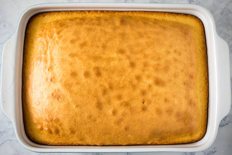 white cake baked in 9x13 baking dish
