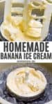 churn paddle lifted out of canister full of homemade banana ice cream, canister full of old fashioned banana ice cream with churn paddle in place