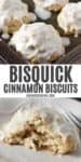 double image of Bisquick cinnamon biscuits on baking sheet, and sliced cinnamon biscuit on white plate