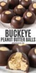 4 ingredient buckeyes on white plate, bitten chocolate peanut butter ball on white plate