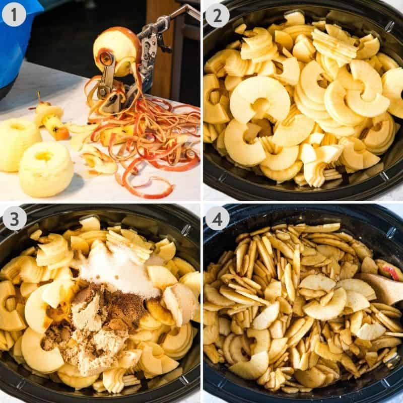 steps for how to make apple butter in a CrockPot, including coring, peeling, and slicing the apples; placing apples in slow cooker; adding ingredients with apples; and stirring everything together in CrockPot