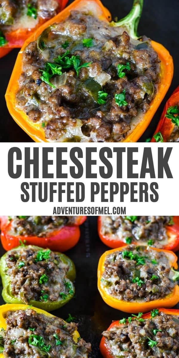 double image of Philly cheesesteak stuffed peppers ground beef style, with top image of stuffed orange bell pepper and bottom image of colorful cheesesteak stuffed peppers, sprinkled with parsley, on baking sheet