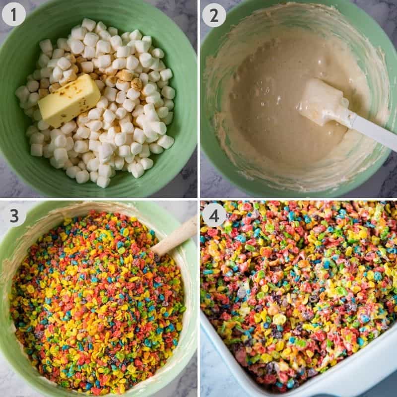 steps for how to make Fruity Pebble treats, 1. adding marshmallows, butter, and vanilla to large microwave-safe mint green bowl, 2. melting mixture in mint green bowl, 3. adding Fruity Pebbles cereal, and 4. spreading mixture in baking dish