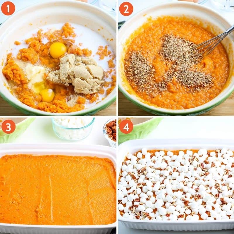 steps for how to make sweet potato casserole from scratch, including mixing ingredients in green mixing bowl, whisking pecans into sweet potato mixture, layering sweet potato mixture in white baking dish, and sprinkling mini marshmallows and chopped pecans on top of casserole