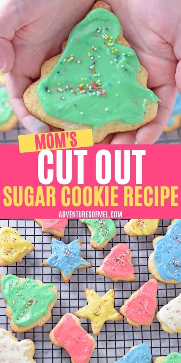 double image of Mom's cut out sugar cookie recipe, including top image of hands holding Christmas tree shaped sugar cookie decorated with green icing and rainbow nonpareils sprinkles, and bottom image of decorated Christmas cookies on black wire rack