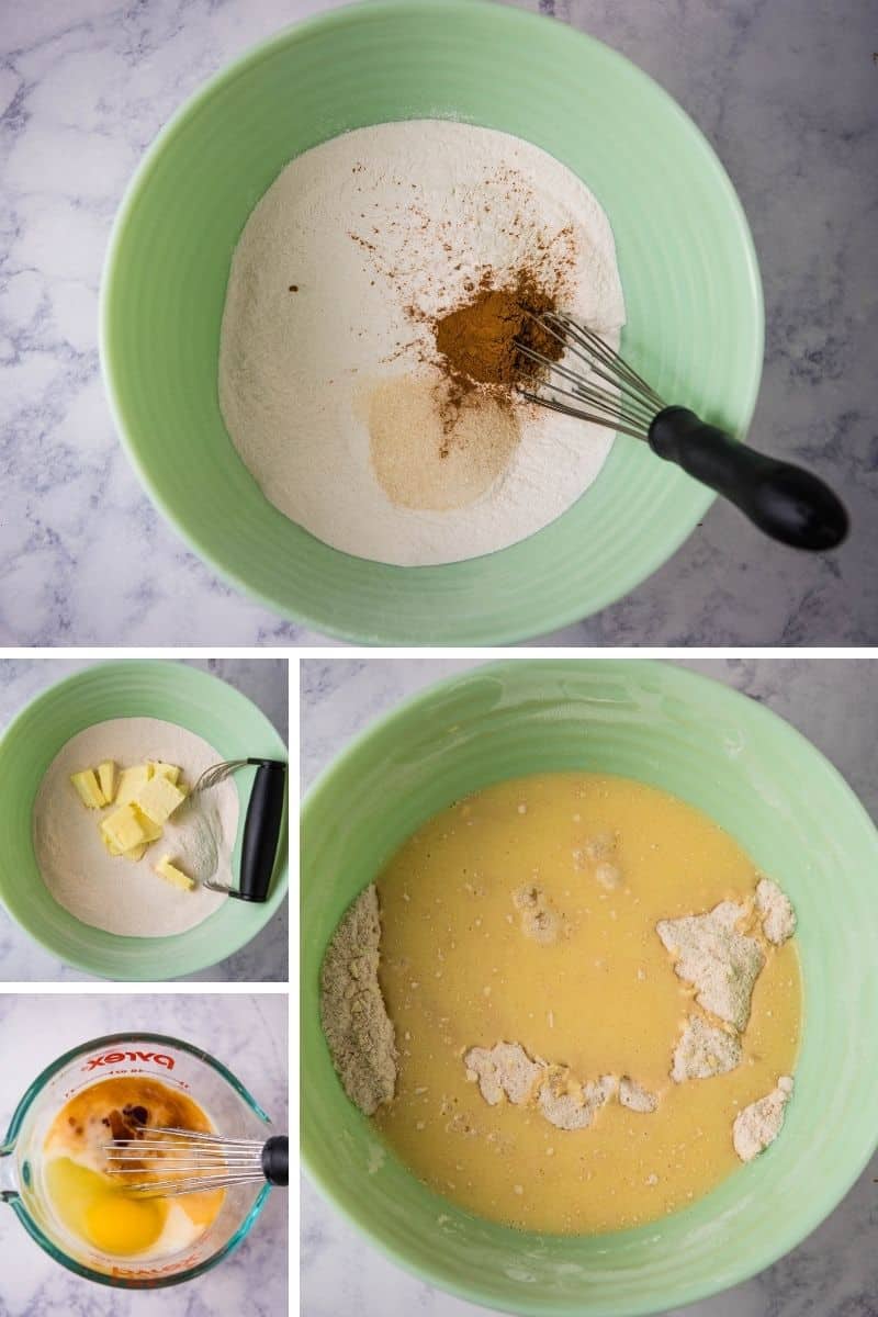 steps for mixing Bisquick scones in mint green bowl, including whisking dry ingredients together, cutting butter into mixture, mixing together liquid ingredients, and adding liquid to dry ingredients
