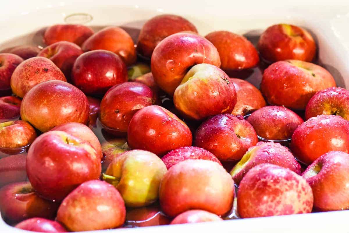 fresh apples soaking in water in white sink