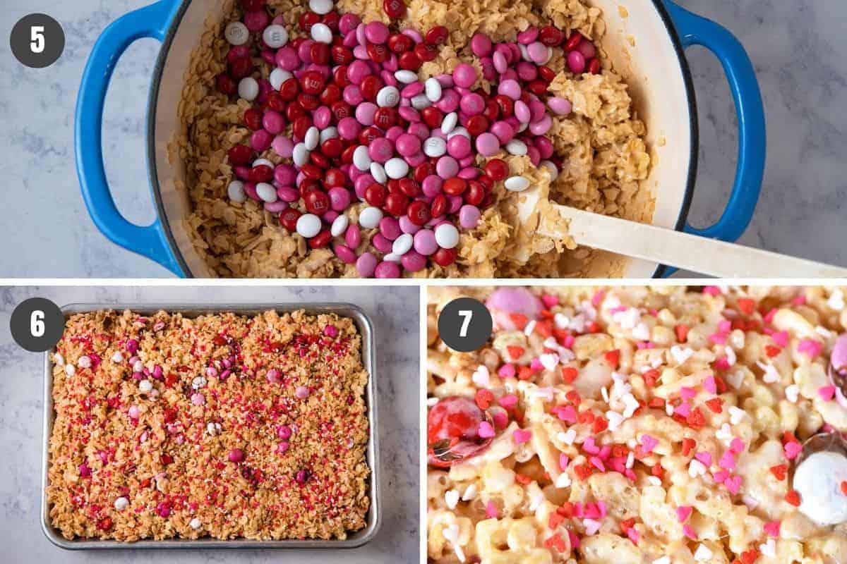 mixing M&M's into Rice Krispie treat mixture, pressing into pan, and adding Valentine sprinkles on top