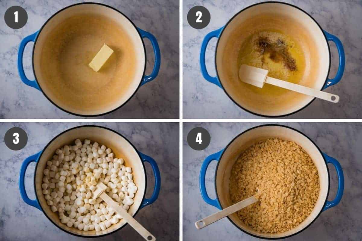 steps for how to make Valentine Rice Krispie treats in blue Dutch oven