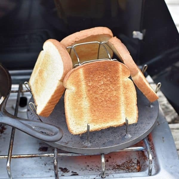 toast on camping toaster, toasting on campstove