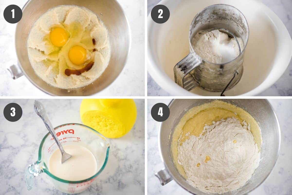 how to mix up cinnamon streusel coffee cake batter, using mixing bowl, sifter, and liquid measuring cup