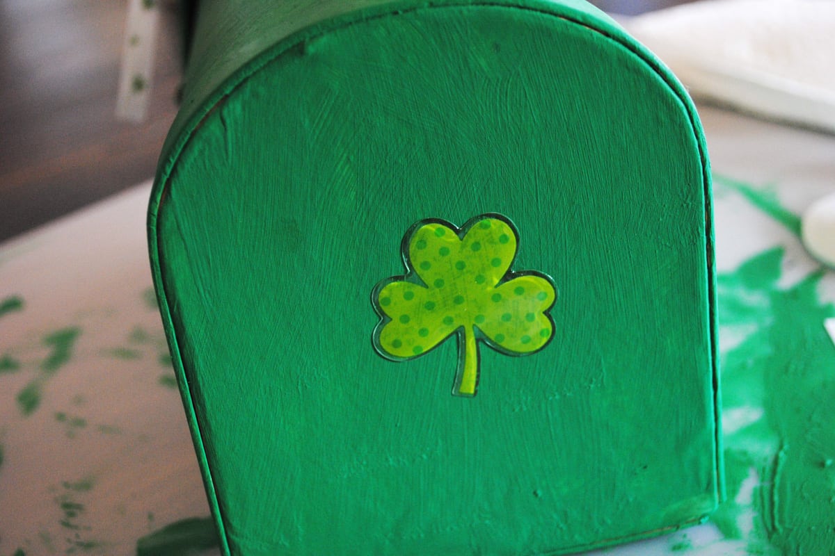 shamrock sticker on green leprechaun box