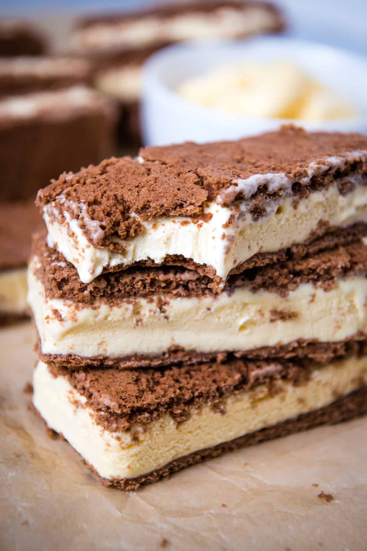 stack of gf ice cream sandwiches with bite taken out of top one