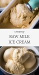 scooping raw milk ice cream in container and scoops of vanilla ice cream in white bowl