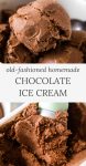 scoops of homemade chocolate ice cream and ice cream scoop scooping chocolate ice cream