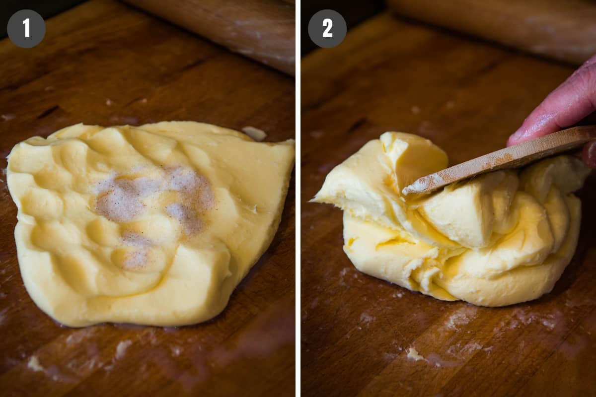 how to make salted butter by adding sea salt on pile of homemade butter, then mixing salt into butter with wooden butter paddle