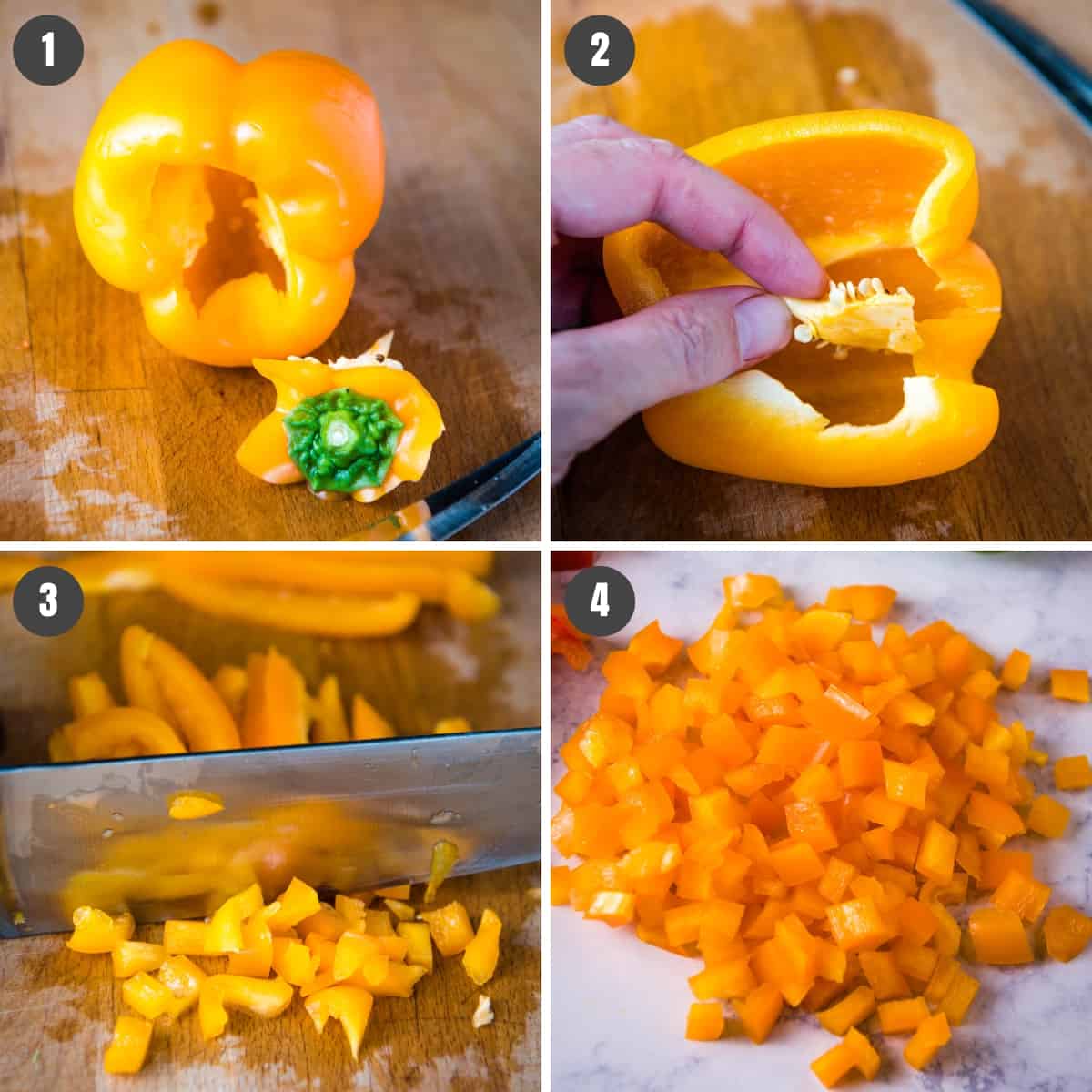 steps for how to dice bell peppers using yellow bell pepper on butcher block cutting board, coring, slicing, and dicing into small pieces