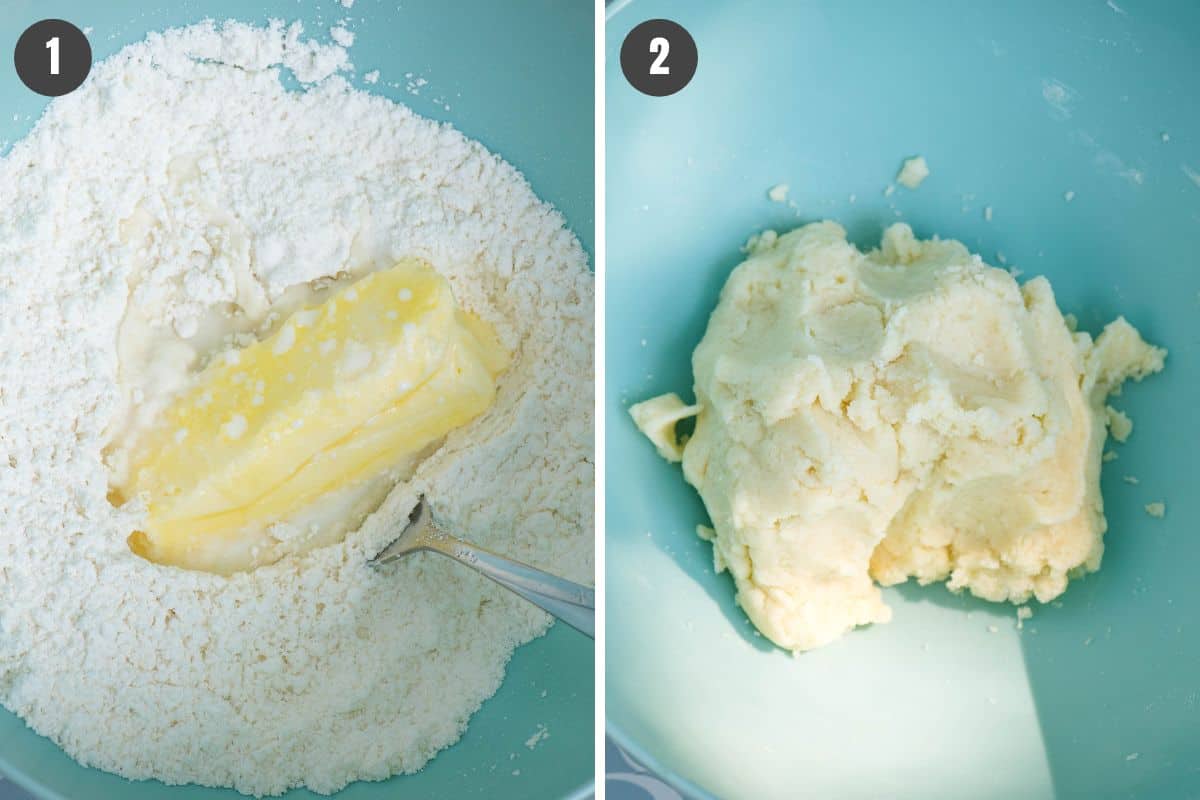 2 step collage showing how to make easy crumble topping for Dutch oven cherry cobbler