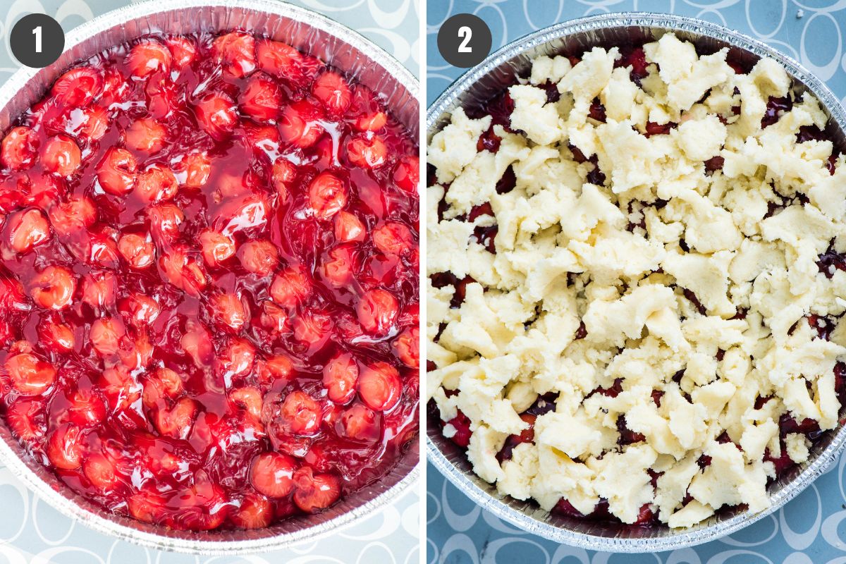 2 step collage showing how to assemble cherry cobbler in an aluminum pie plate for baking in the Dutch oven