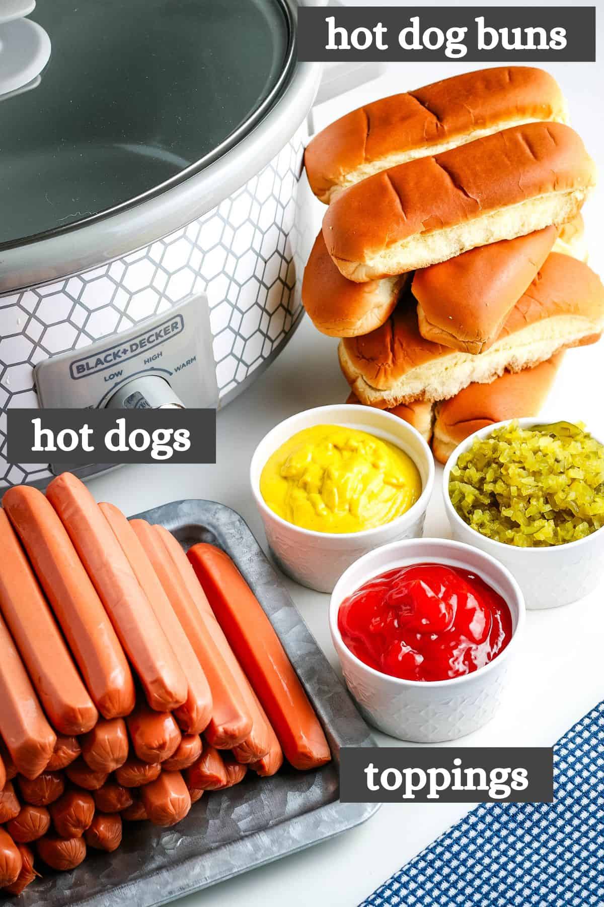 Crock Pot hot dog ingredients lined out next to the slow cooker on a white countertop