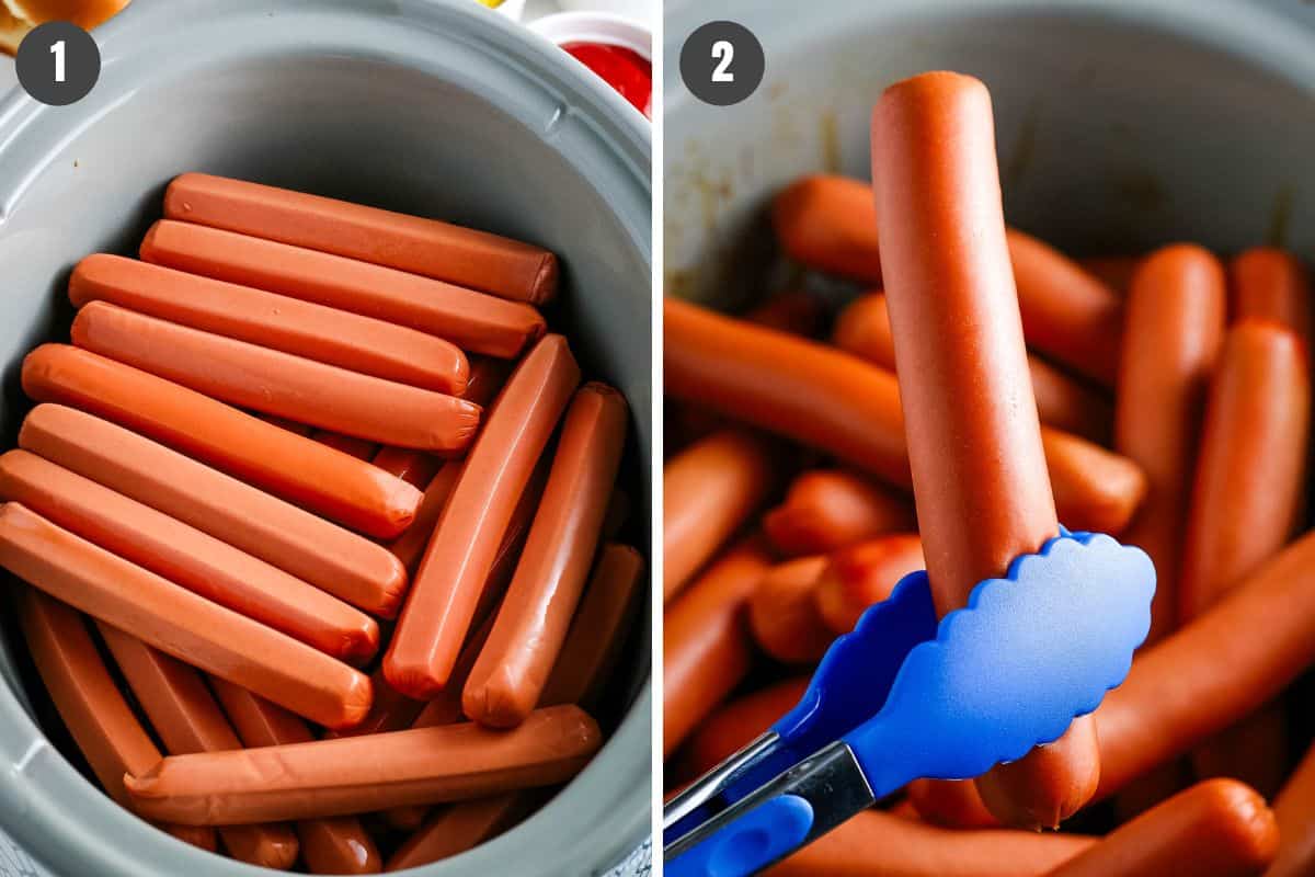 2 step photo collage showing, left: hot dogs in a large gray Crock Pot; right: stirring Crock Pot hot dogs around with a pair of tongs in a large gray slow cooker
