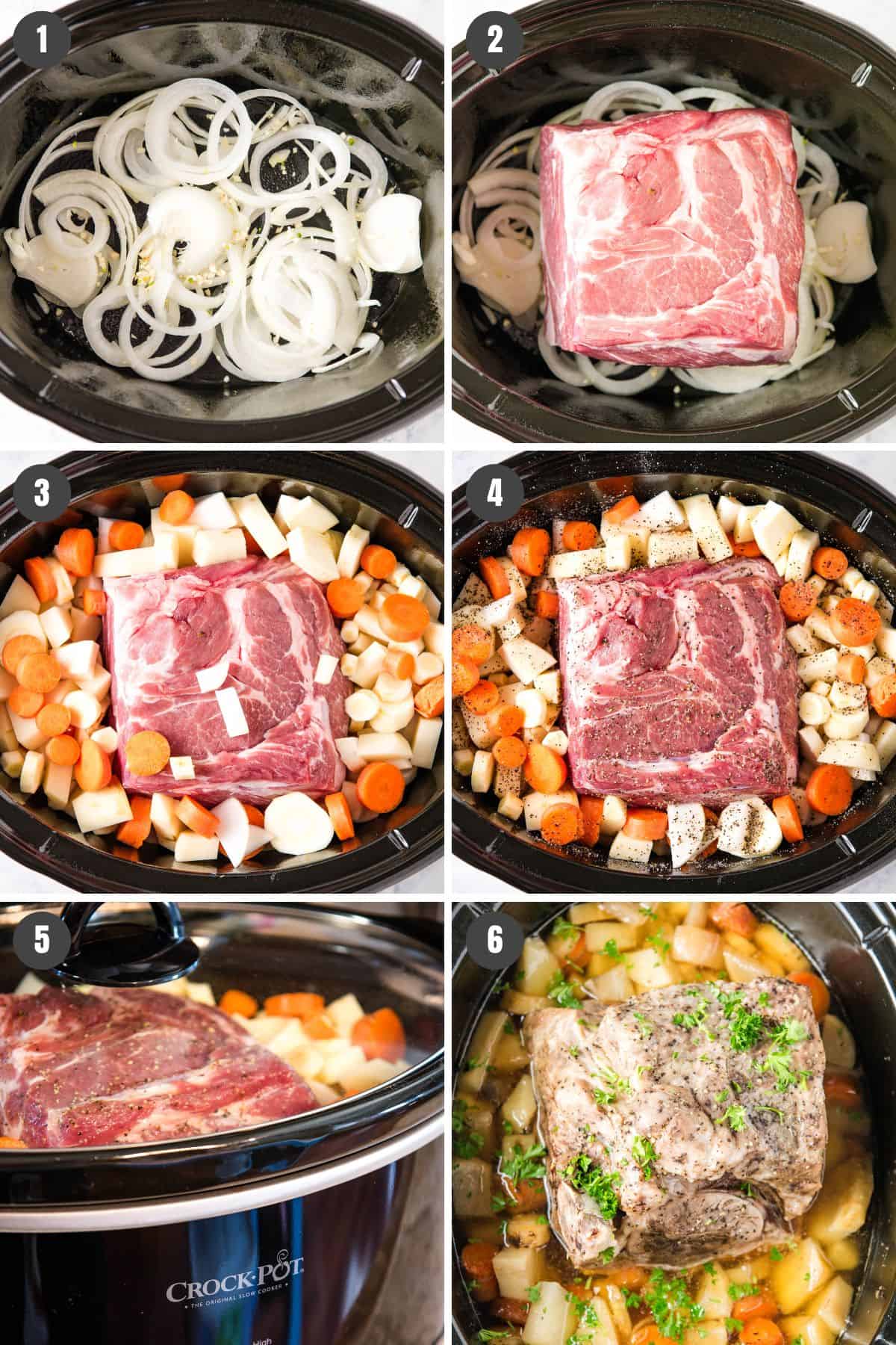 6 step collage showing how to make slow cooker pork roast in a large black slow cooker