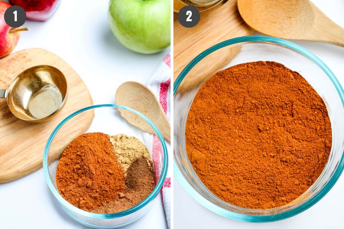 2 step photo collage showing how to make apple pie spice recipe