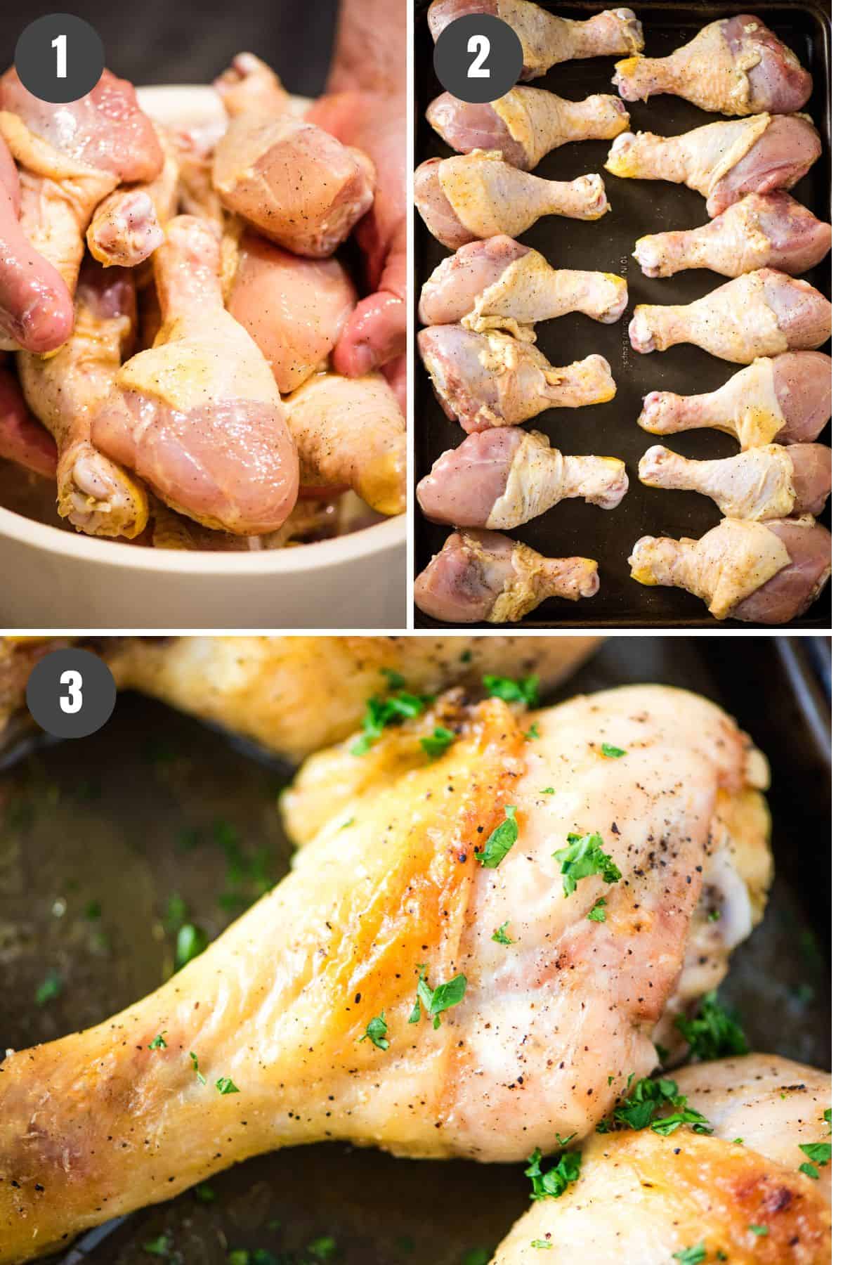 3 photo collage showing, 1: closeup photo of raw chicken drumsticks coated with seasonings in a large white mixing bowl; 2: fresh chicken drumsticks lined out on a large baking sheet; 3: baked chicken drumsticks fresh out of the oven and garnished with fresh parsley on a large baking sheet