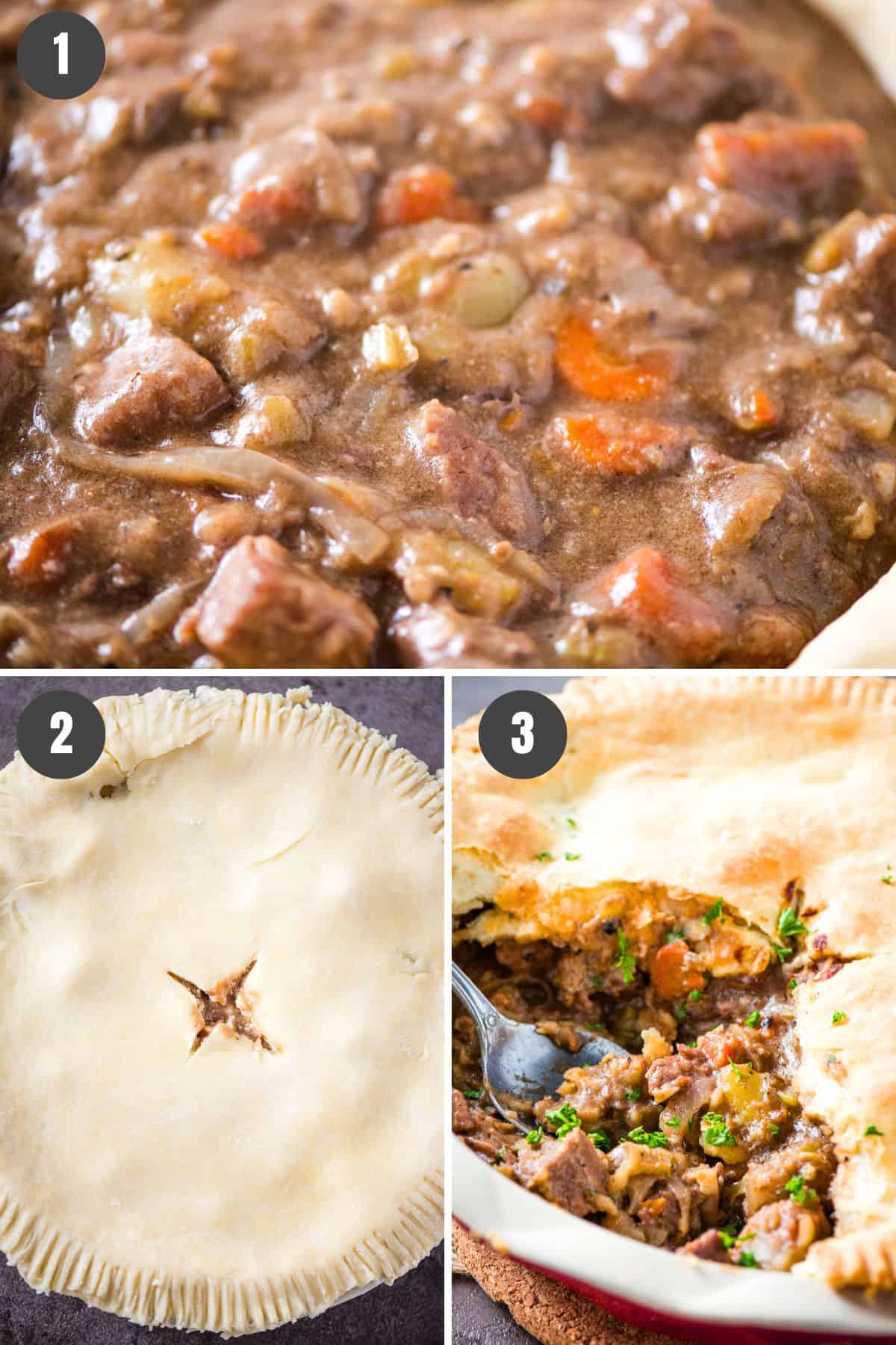 3 step photo collage showing how to make homemade beef pot pie recipe