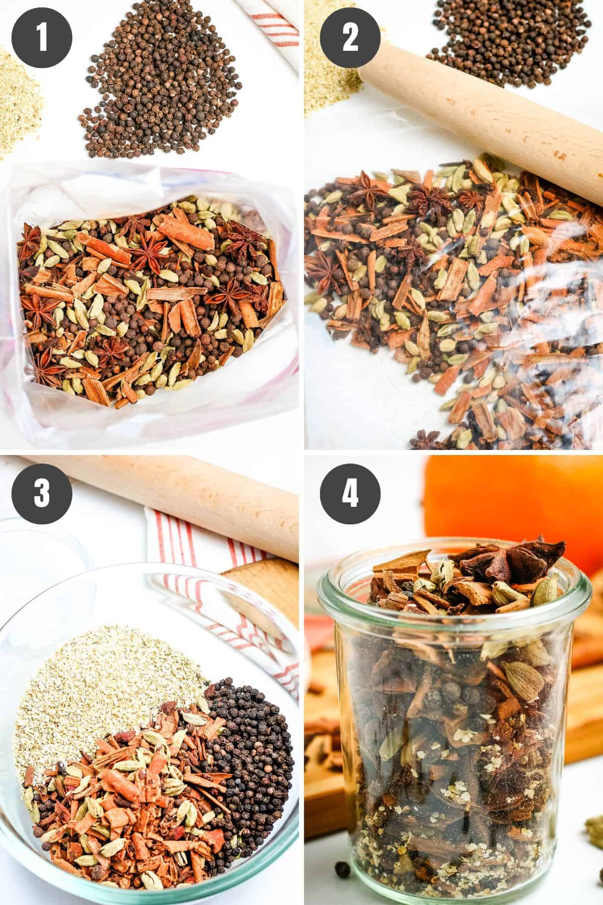 4 step collage showing how to make mulling spices recipe for mulled cider