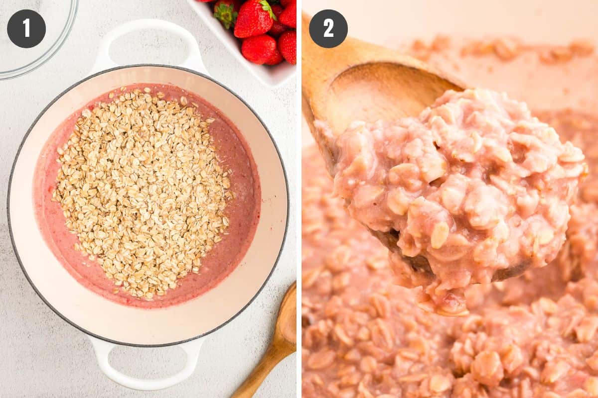 2 step photo collage showing how to make strawberry oatmeal