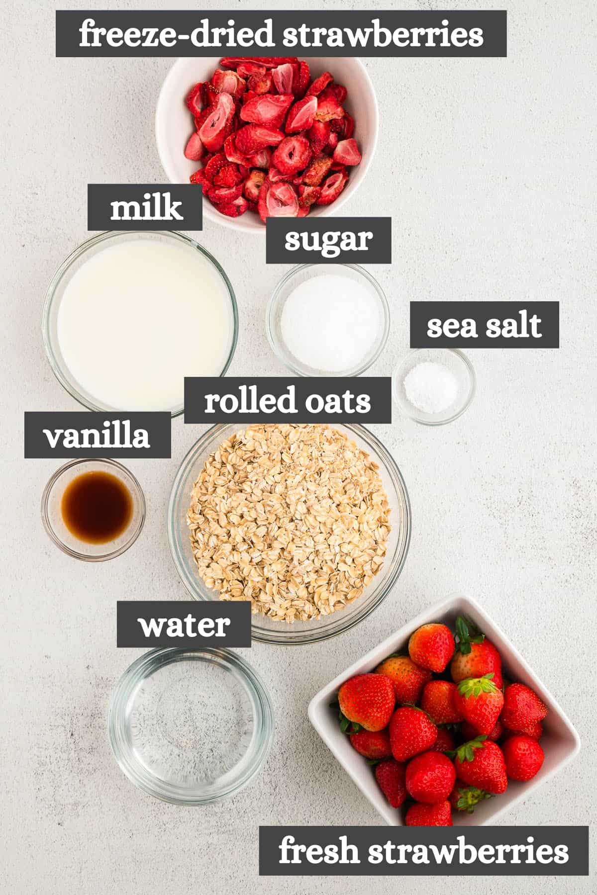 strawberry oatmeal ingredients lined out on a white countertop