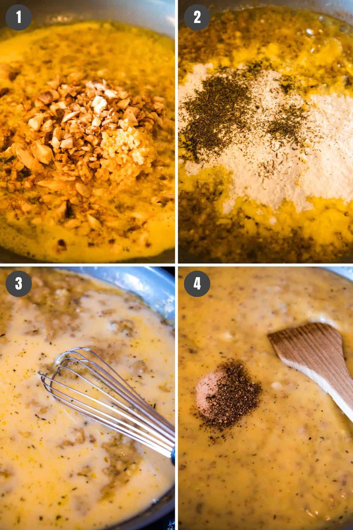 4 step photo collage showing how to make creamy mushroom sauce for green bean casserole