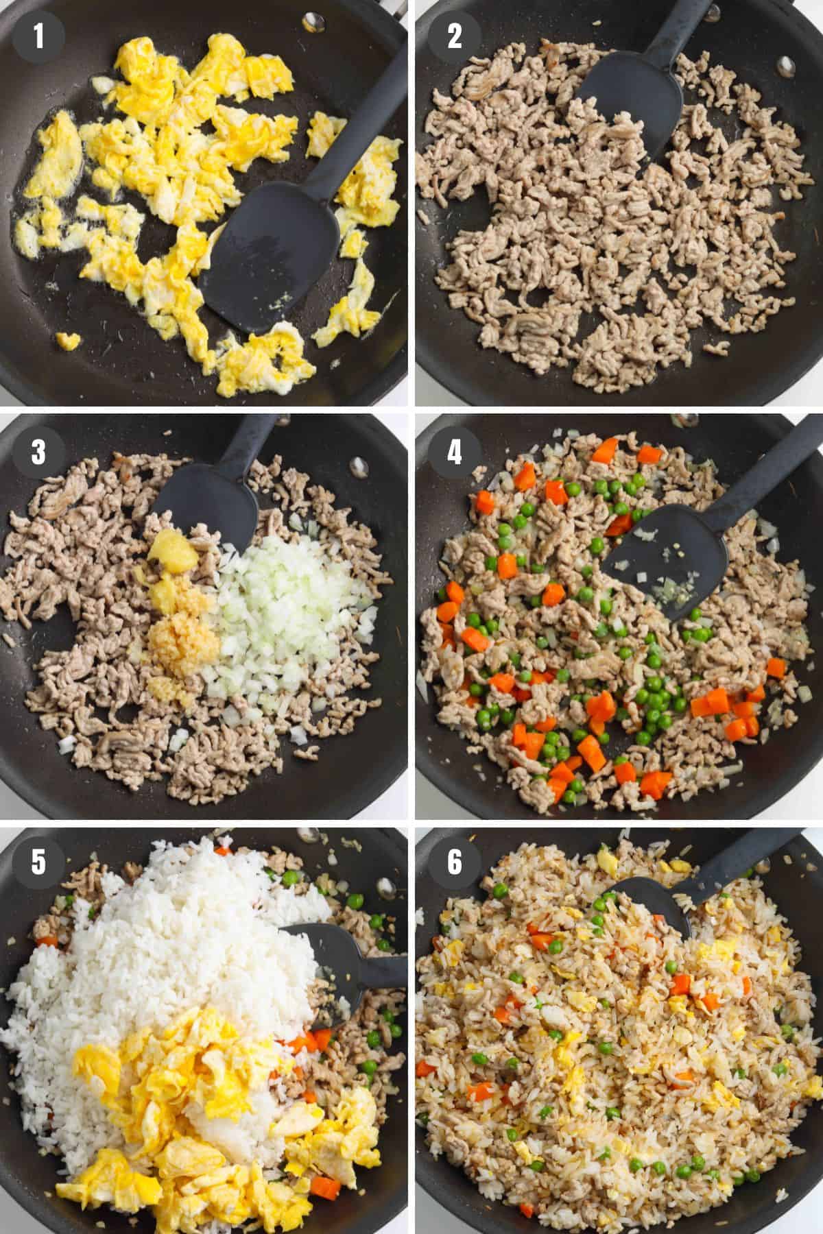 6 step collage showing how to make pork fried rice in a large nonstick skillet
