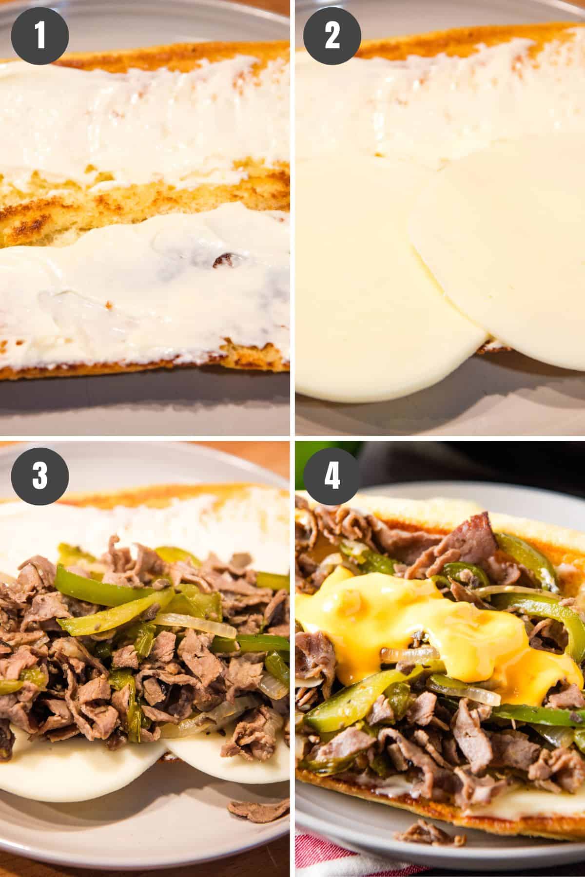4 step collage showing how to assemble roast beef Philly cheesesteak