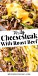 2 step photo collage showing, top: Philly cheesesteak with roast beef on a hoagie bun with Cheez Whiz on top on a small gray saucer; bottom: roast beef Philly cheesesteak on a small gray saucer with white Cheetos on the side