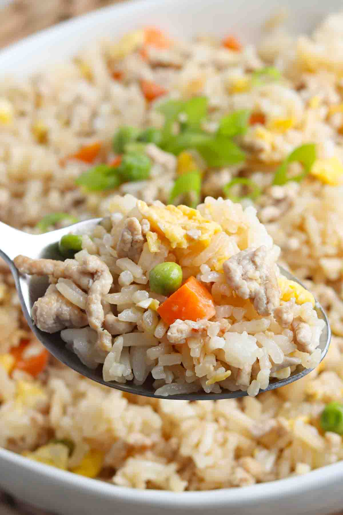 closeup photo of a spoonful of fried rice with pork over top of a small white bowl of pork fried rice garnished with green onions