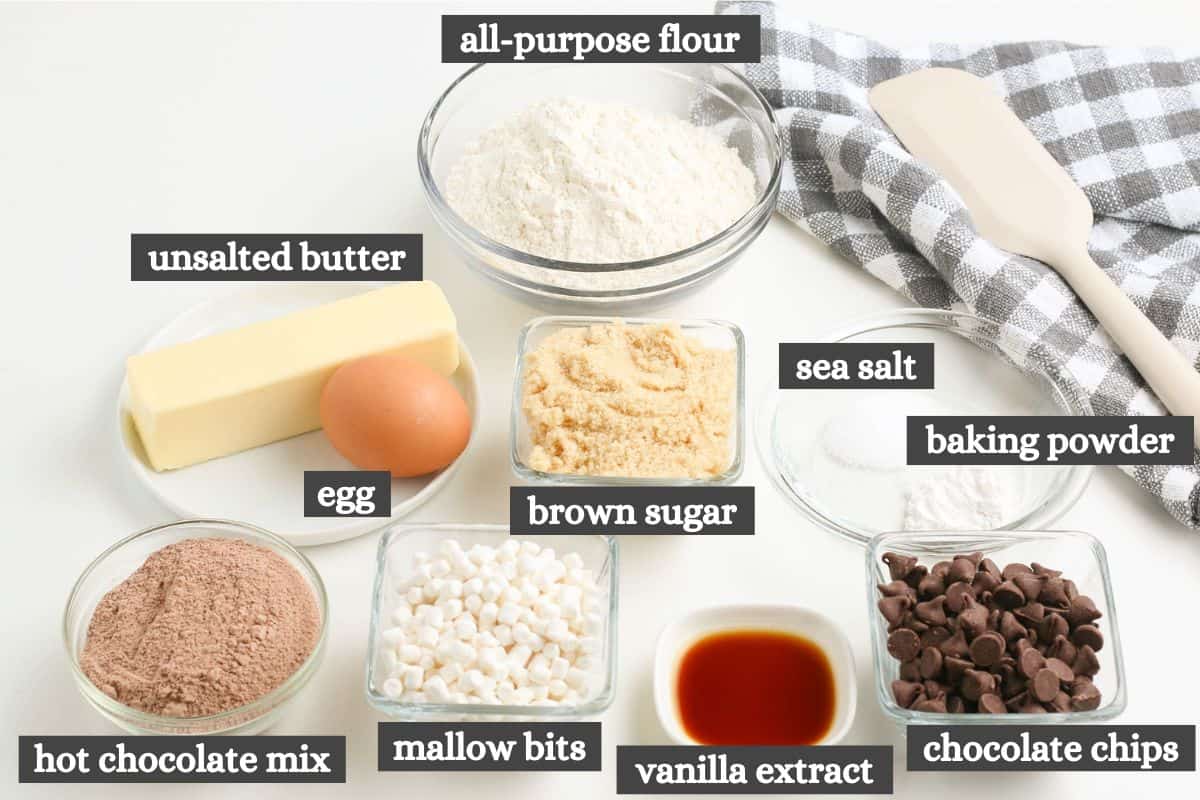 hot chocolate cookies ingredients lined out on a white countertop