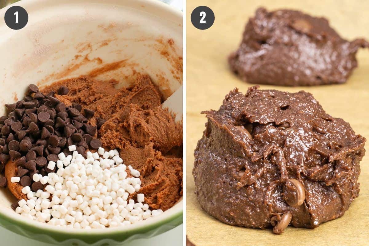 step by step collage showing how to make hot chocolate cookies with chocolate chips and marshmallows