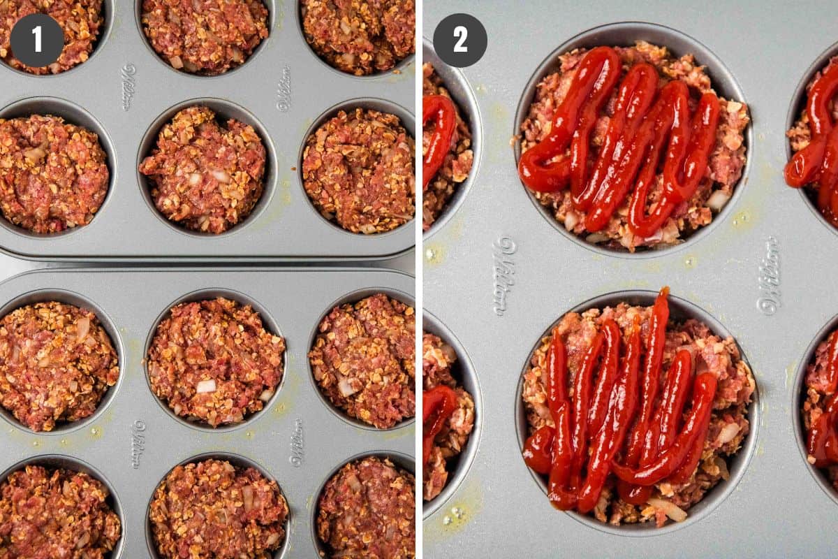 2 step photo collage showing how to make meatloaf muffins recipe