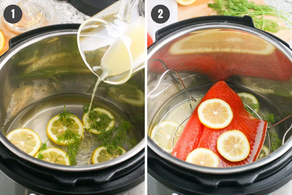 2 step photo collage showing how to make Instant Pot salmon recipe