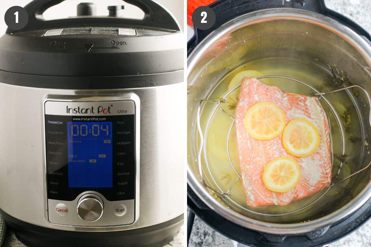 2 step photo collage showing how to make salmon in the Instant Pot