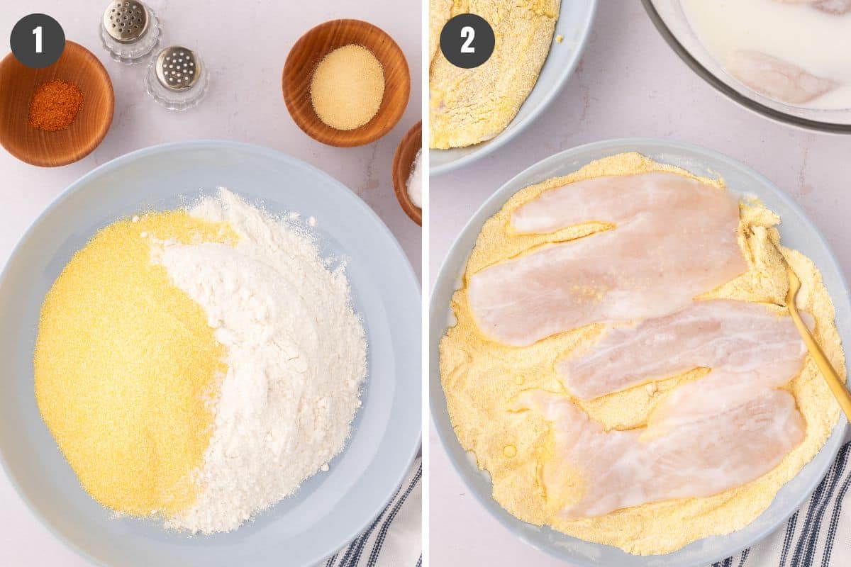 2 step photo collage showing how to dredge fried crappie fillets in dry breading mixture