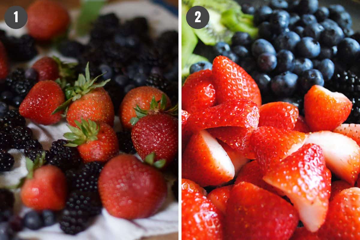 2 step collage showing how to wash and prep the fruit to make mini fruit pizza cookies
