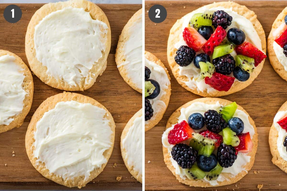 2 step collage showing how to assemble mini fruit pizza cookies